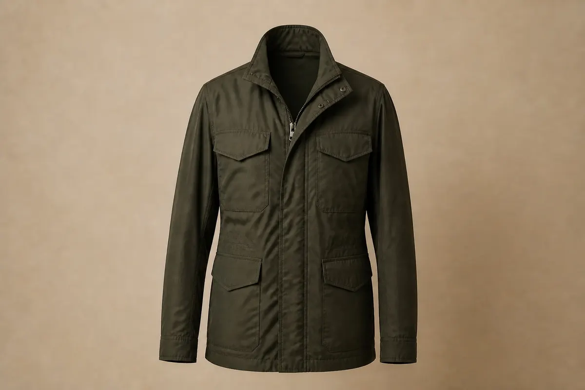The same dark olive jacket converted into a ghost mannequin product image