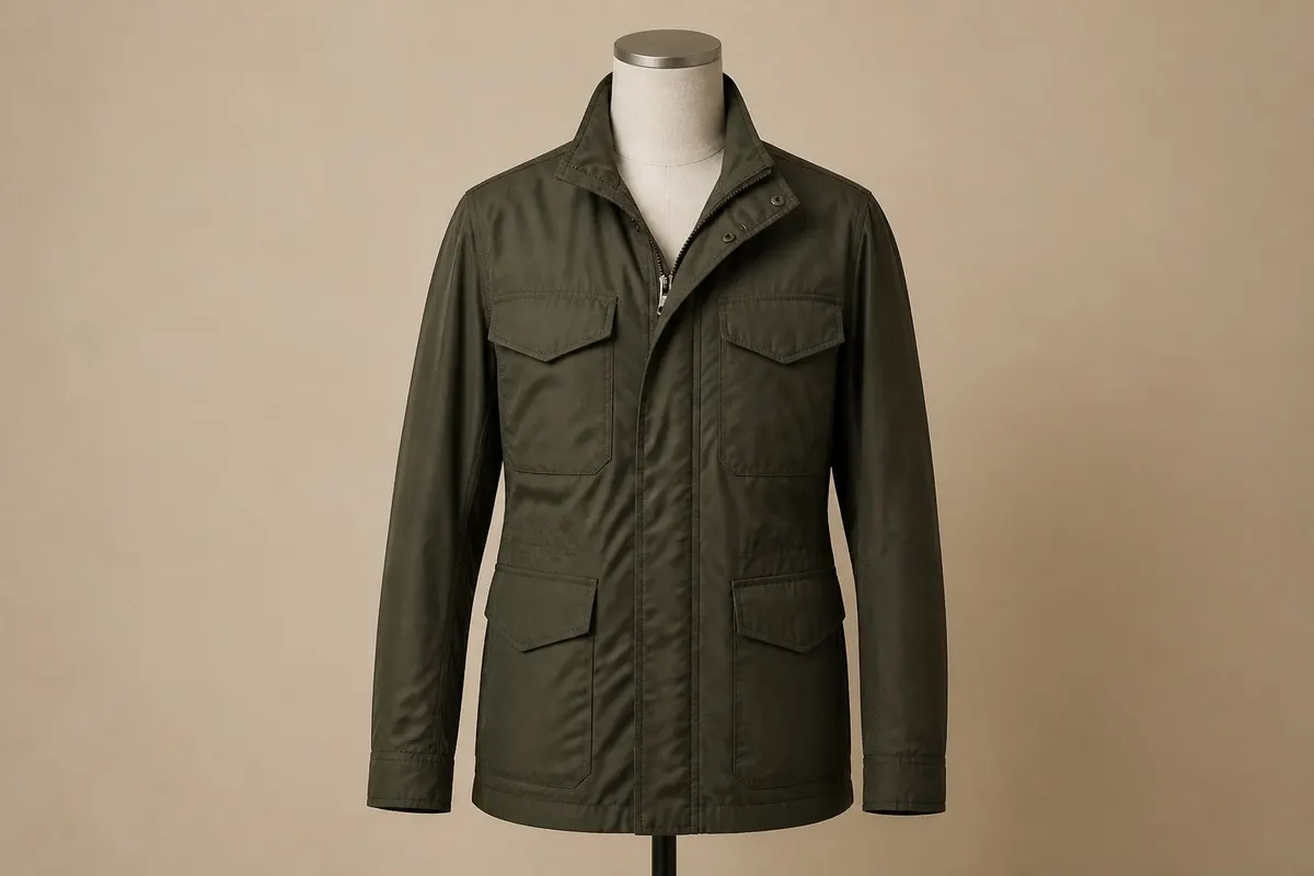 Dark olive jacket photographed on a mannequin before processing